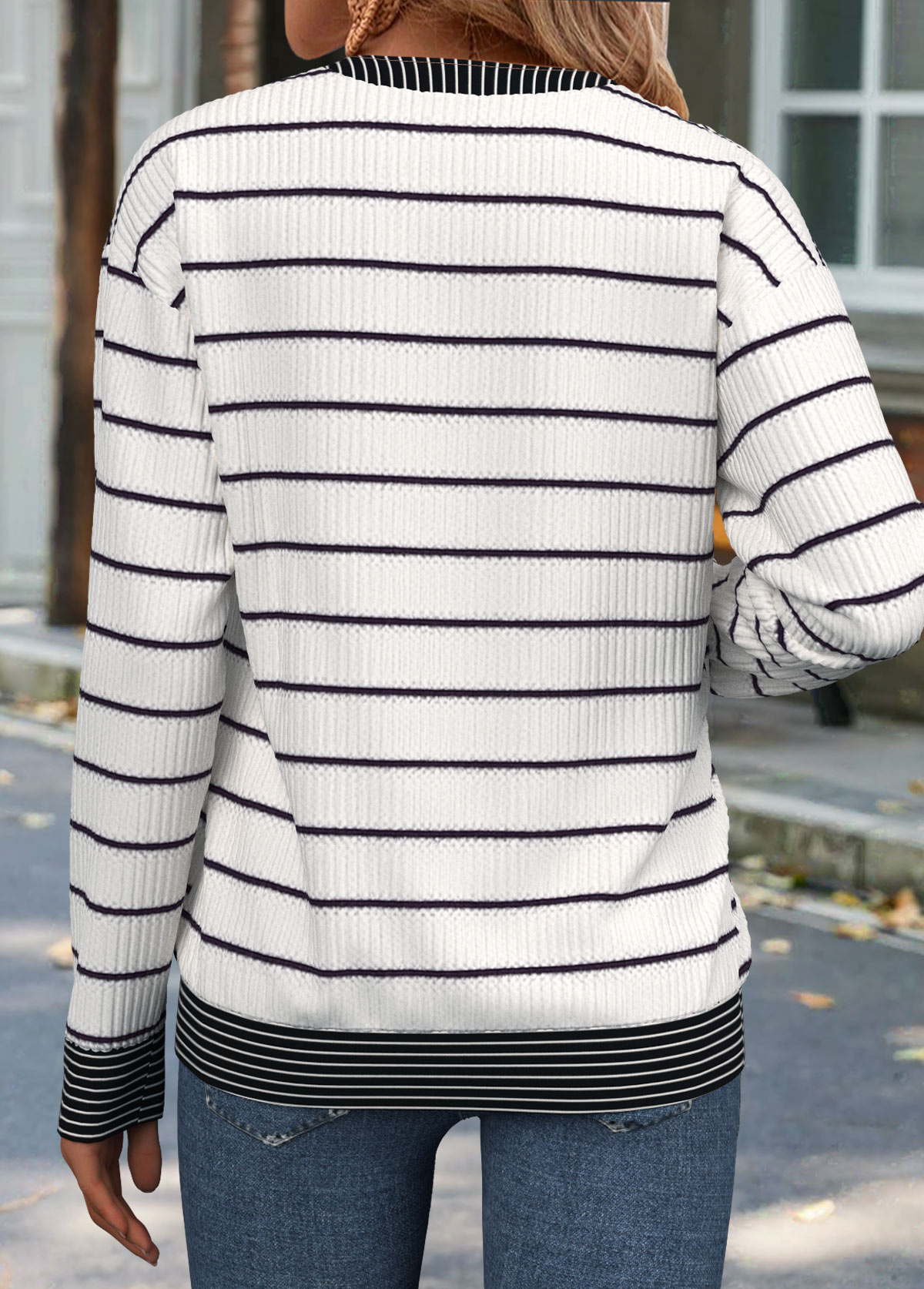 Raw White Patchwork Striped Long Sleeve Round Neck Sweatshirt | picture 