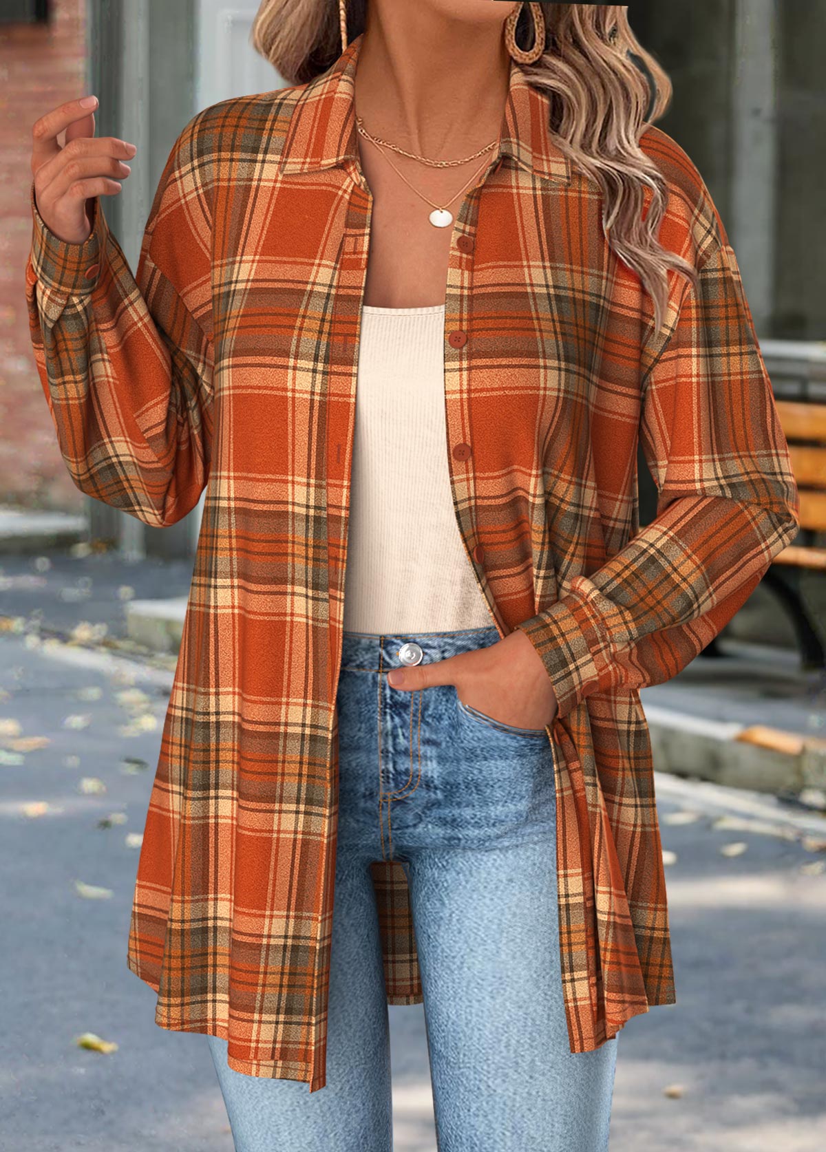 Orange Tummy Coverage Plaid Long Sleeve Shirt | picture 