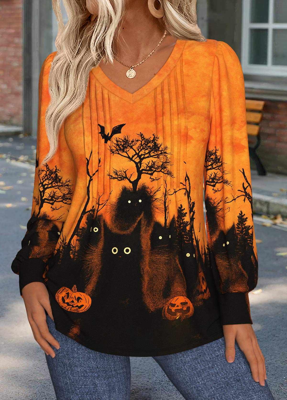 Halloween Orange Tuck Stitch Long Sleeve T Shirt | picture 