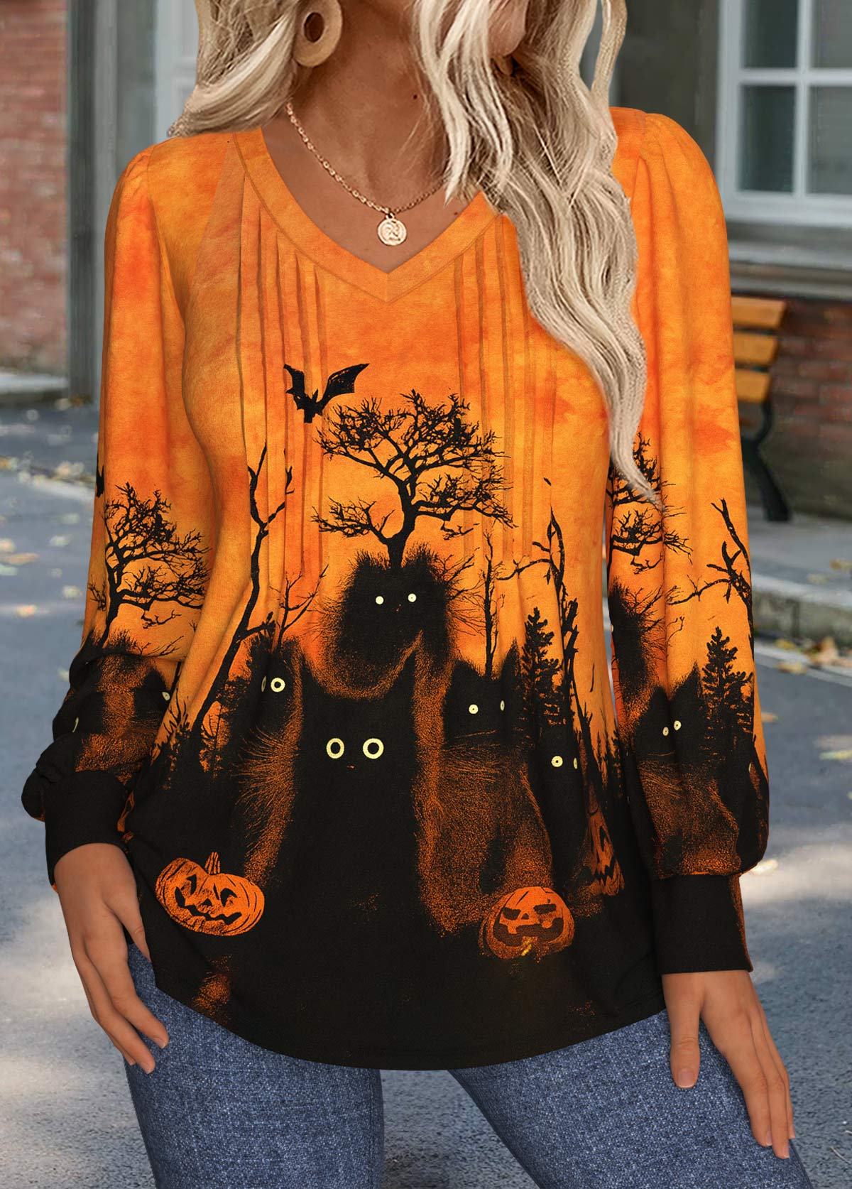 Halloween Orange Tuck Stitch Long Sleeve T Shirt | picture 