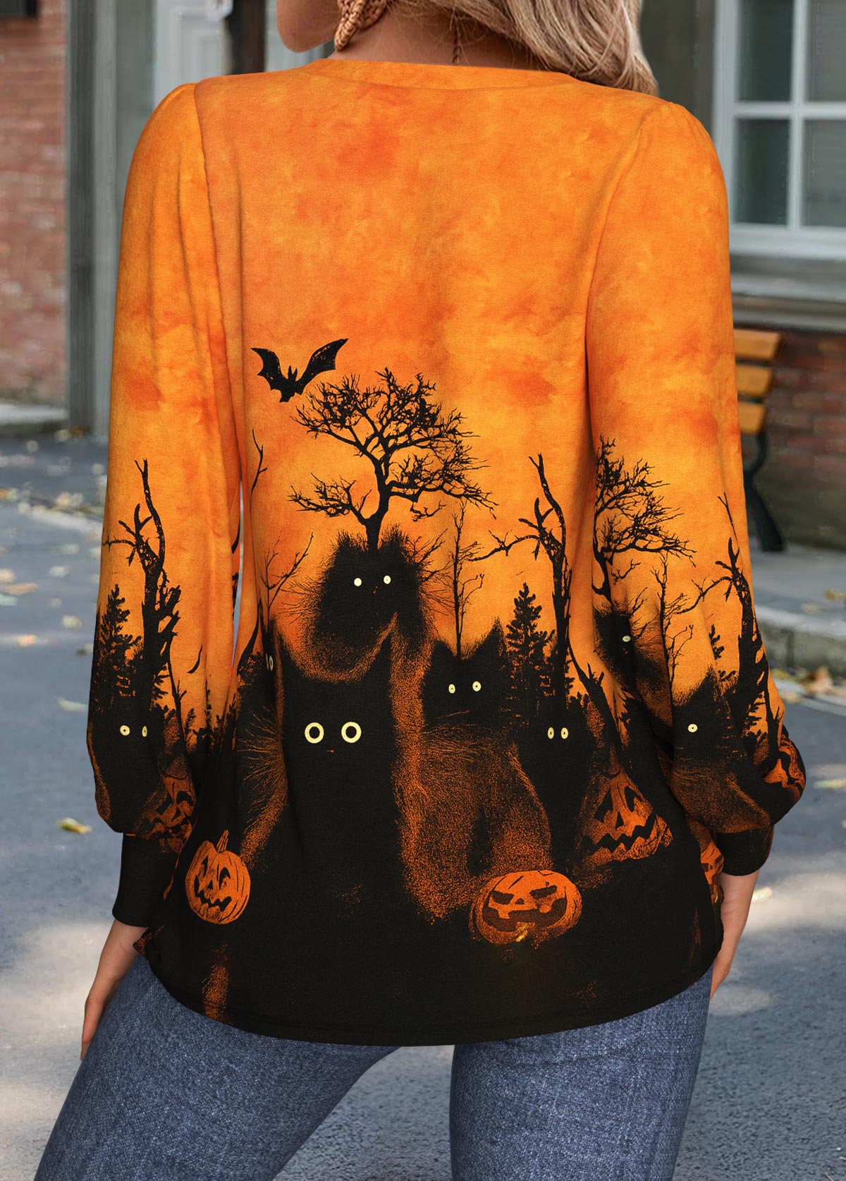 Halloween Orange Tuck Stitch Long Sleeve T Shirt | picture 