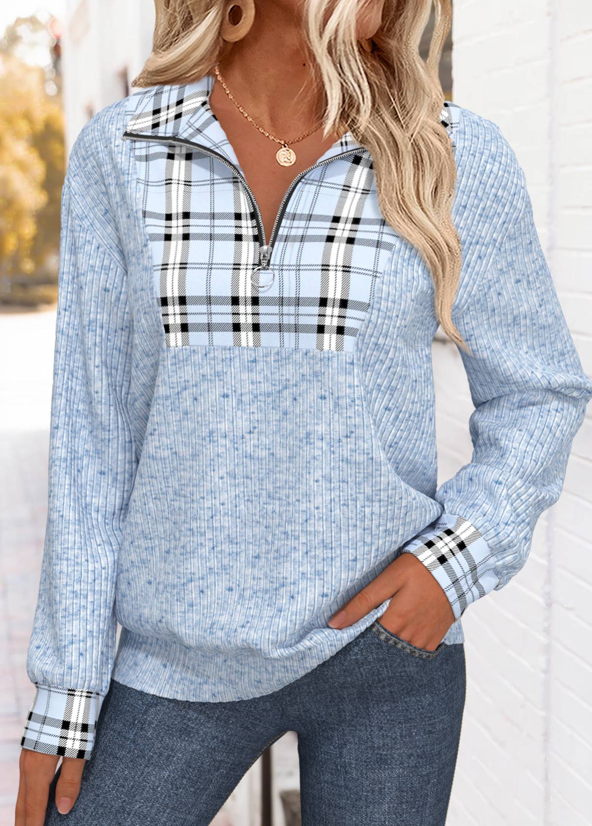 Plus Size Light Blue Tummy Coverage Plaid Sweatshirt | picture 