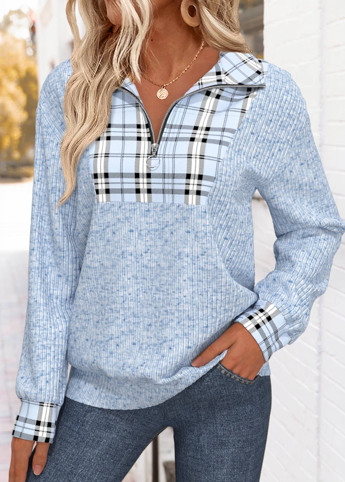 Plus Size Light Blue Tummy Coverage Plaid Sweatshirt | picture 