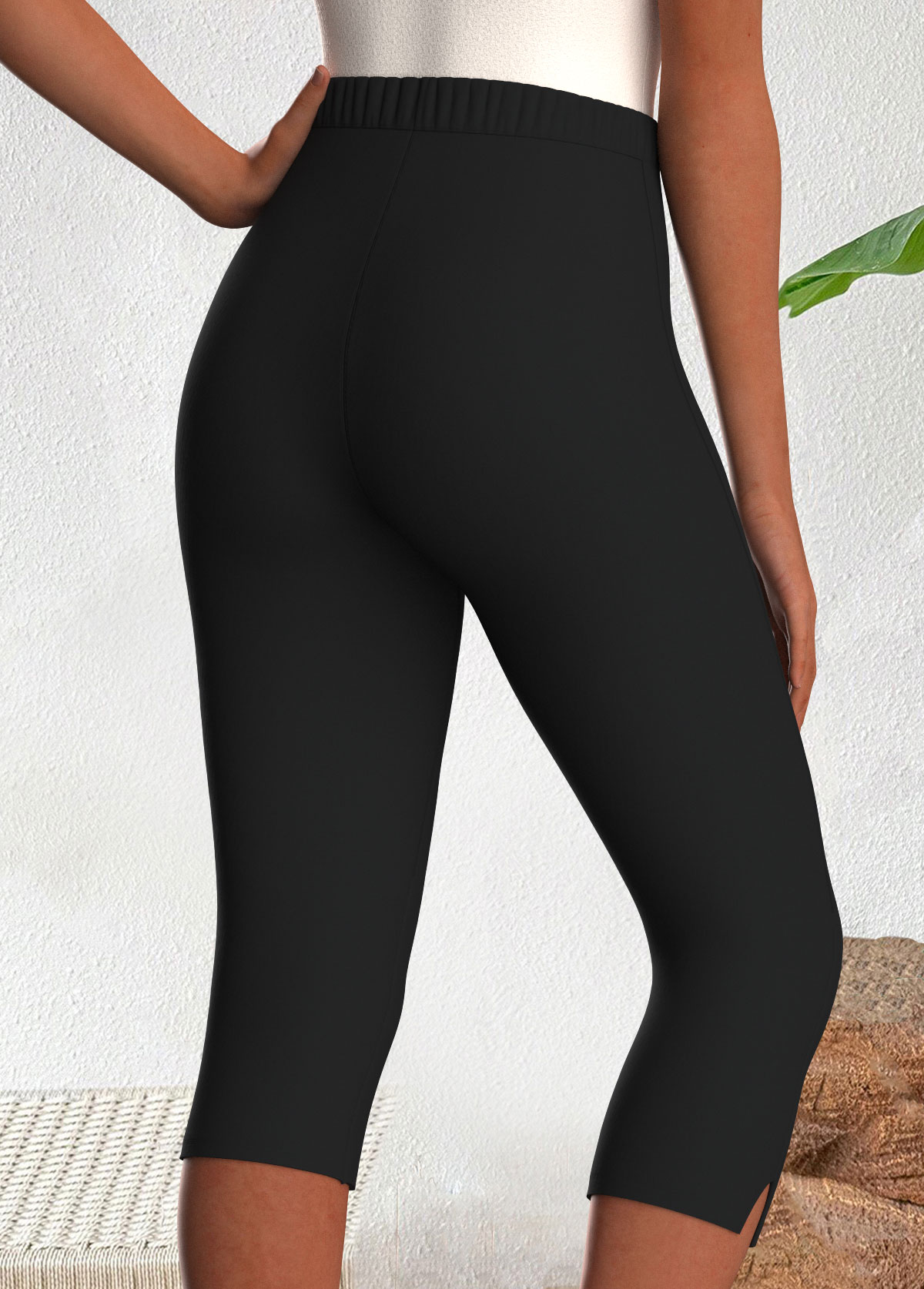 Black High Waisted Capri Elastic Waist Leggings | picture 