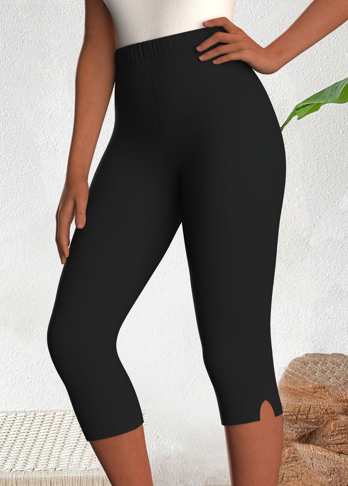 Black High Waisted Capri Elastic Waist Leggings | picture 