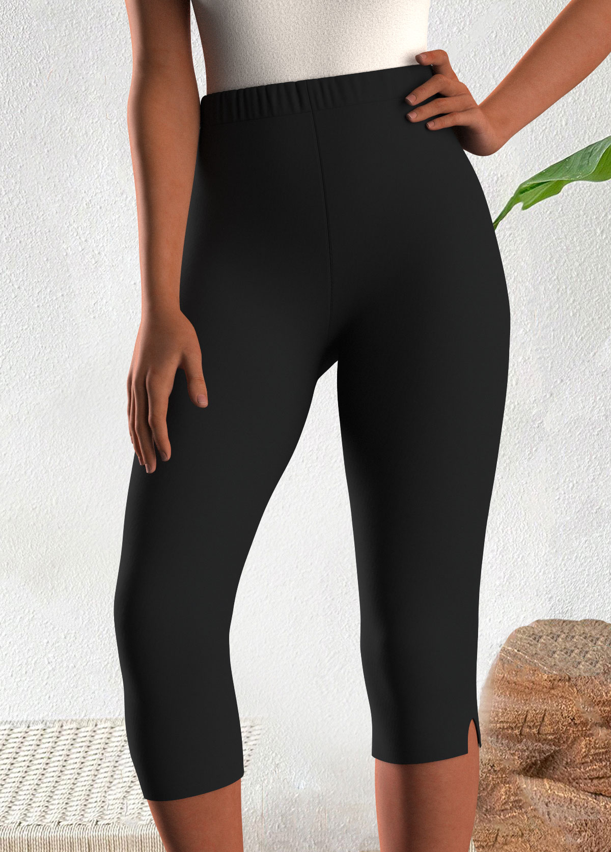 Black High Waisted Capri Elastic Waist Leggings | picture 