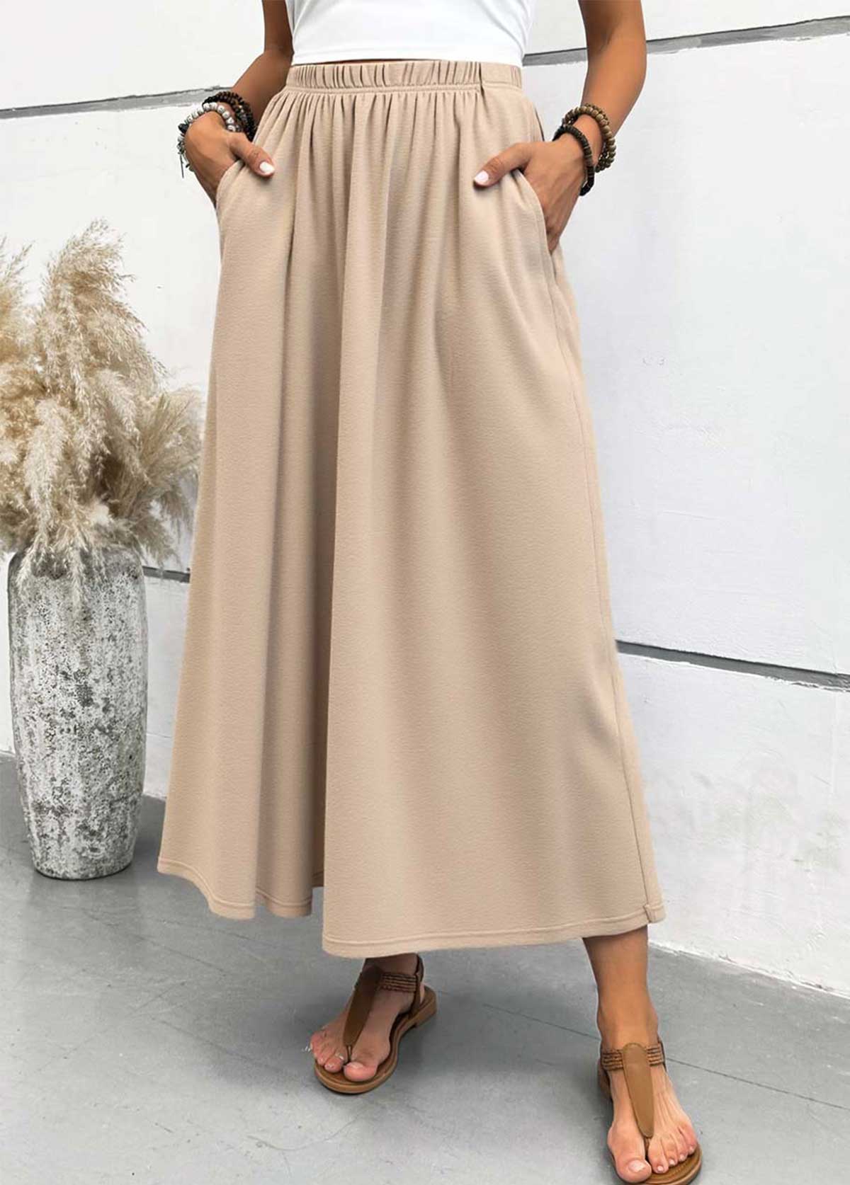 Light Camel Pocket A Line Elastic Waist Maxi Skirt | picture 