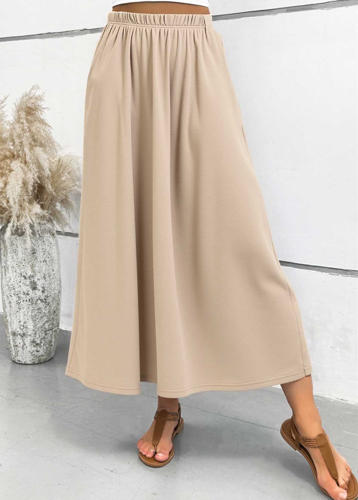 Light Camel Pocket A Line Elastic Waist Maxi Skirt | picture 
