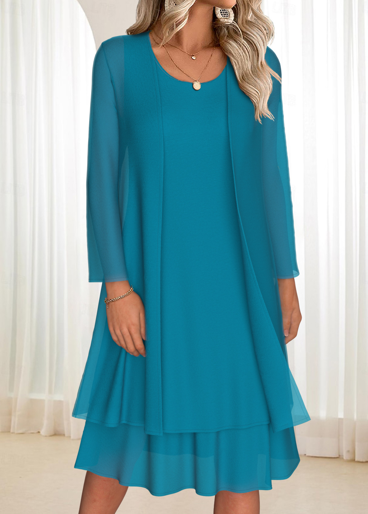 Turquoise Tummy Coverage Long Sleeve Dress and Cardigan | picture 