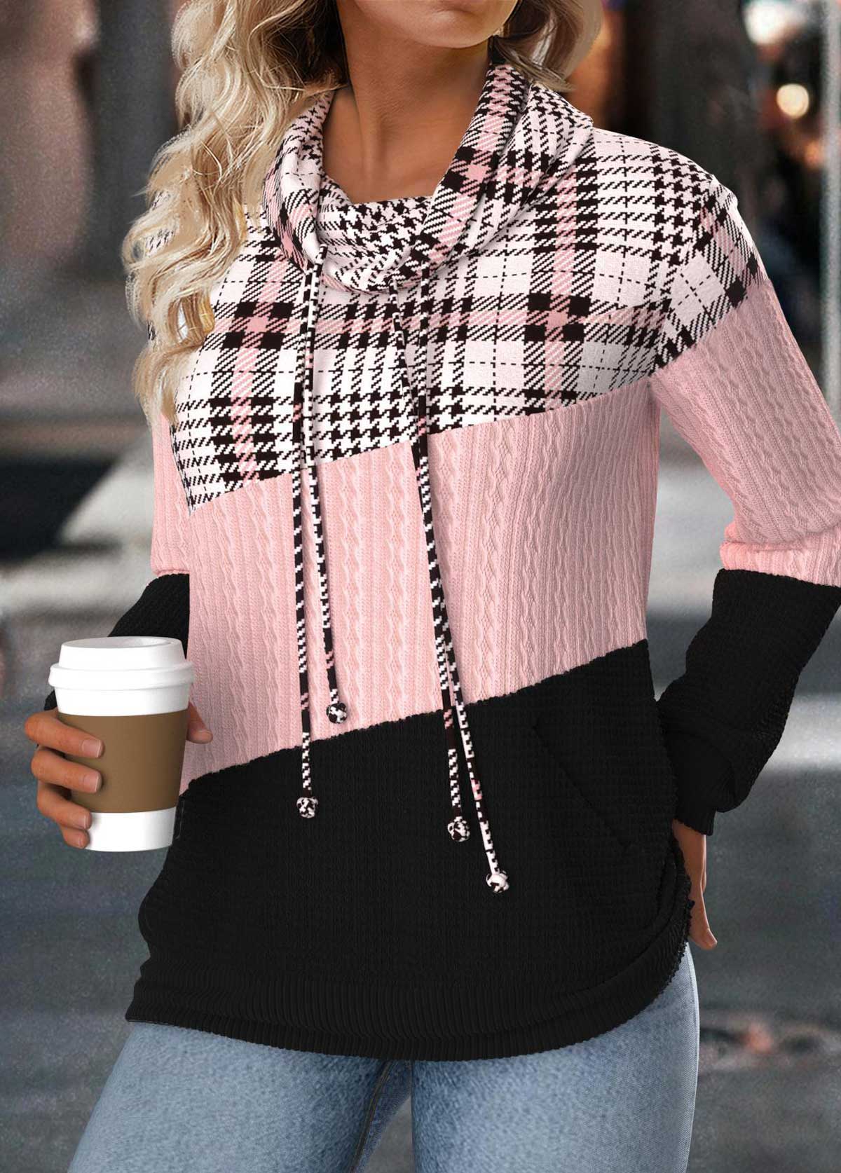Light Pink Tummy Coverage Plaid Long Sleeve Sweatshirt | picture 