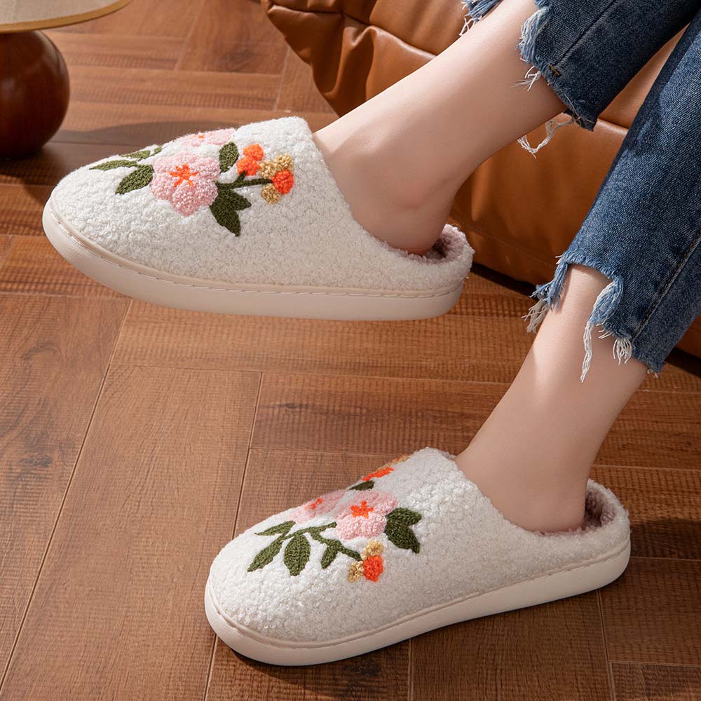 White Floral Print Round Toe Falt Slippers | picture 