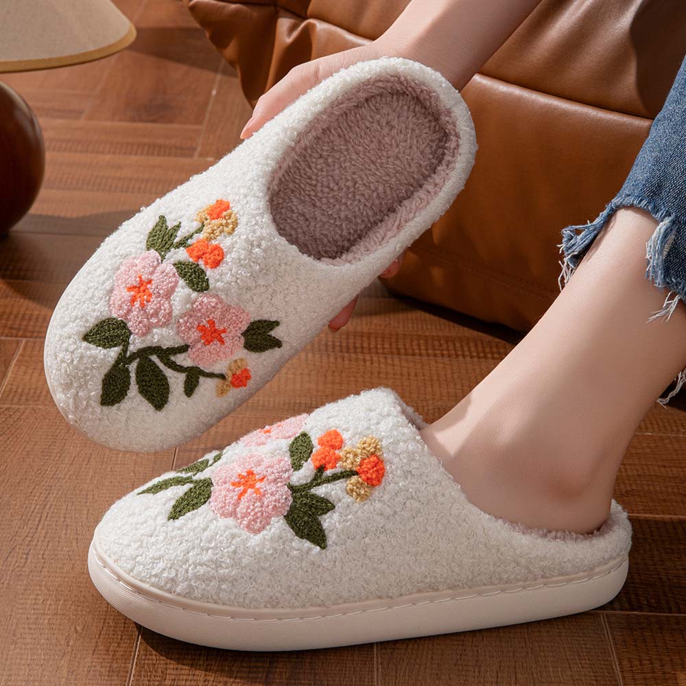 White Floral Print Round Toe Falt Slippers | picture 