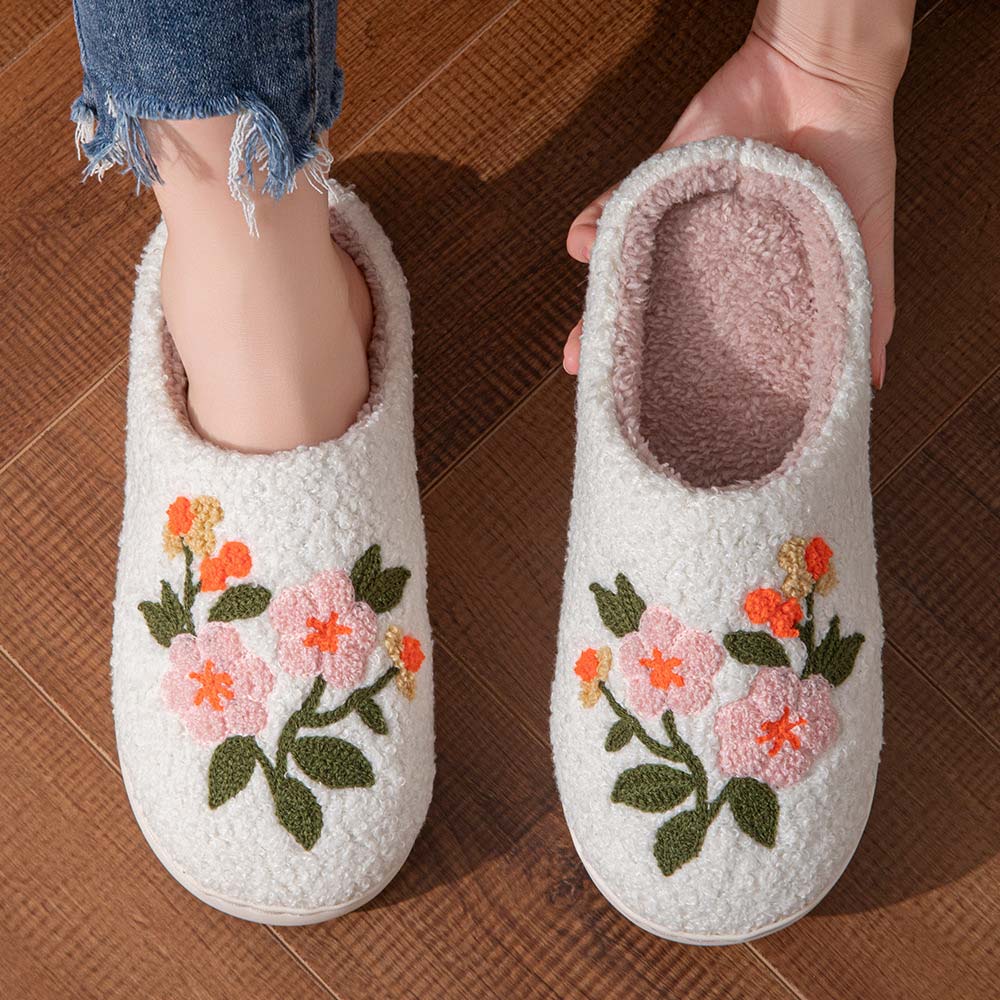 White Floral Print Round Toe Falt Slippers | picture 