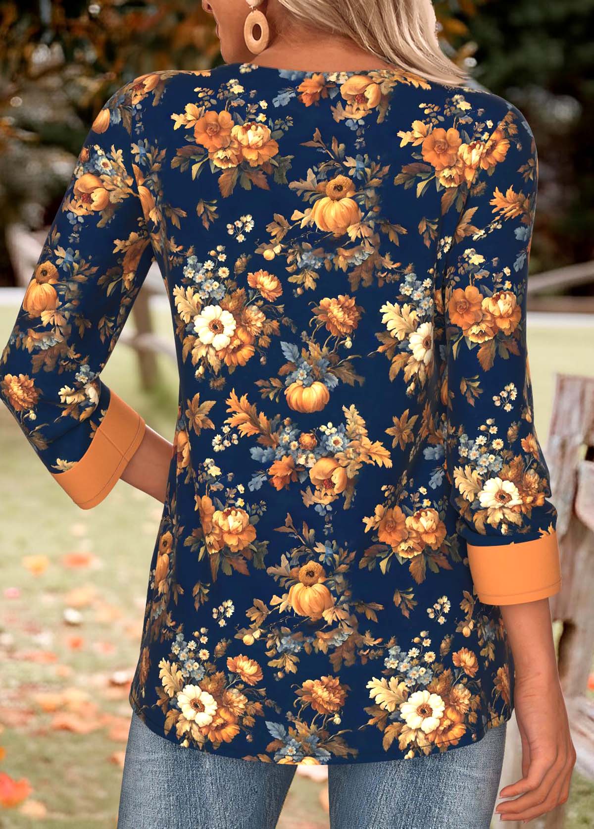Navy Tummy Coverage Pumpkin Print Long Sleeve T Shirt | picture 