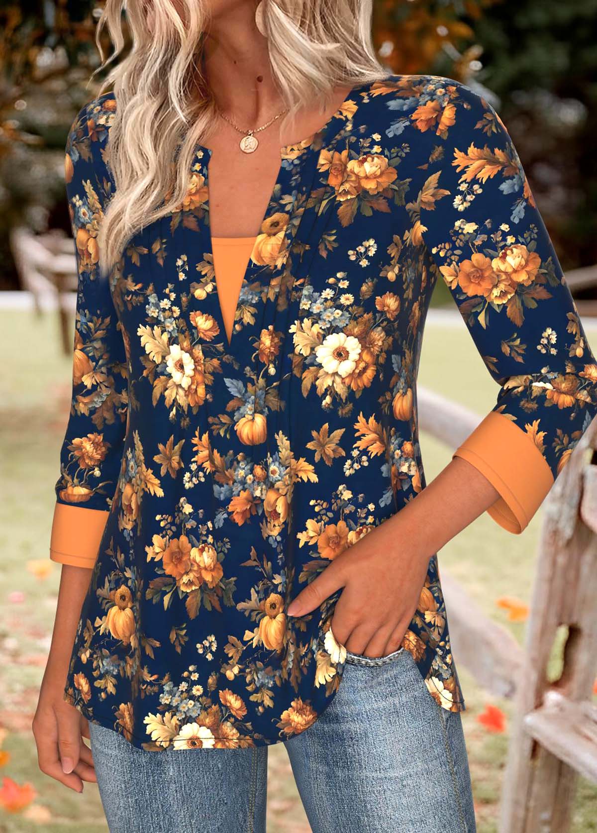 Navy Tummy Coverage Pumpkin Print Long Sleeve T Shirt | picture 