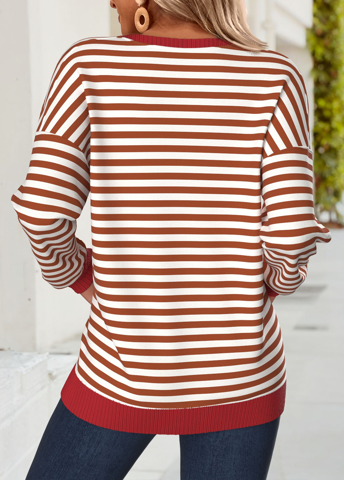 Red Tummy Coverage Striped Long Sleeve Round Neck Sweatshirt | picture 