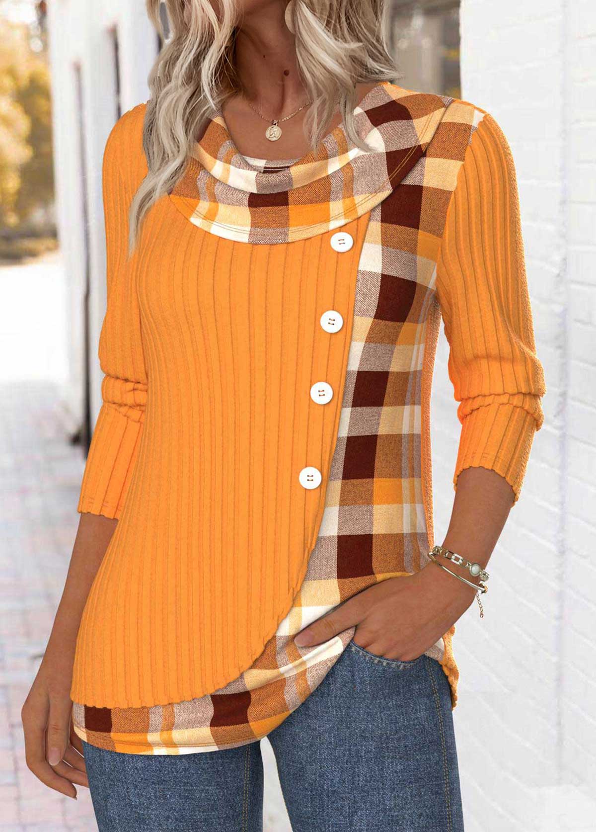 Neon Orange Tummy Coverage Plaid Long Sleeve T Shirt | picture 