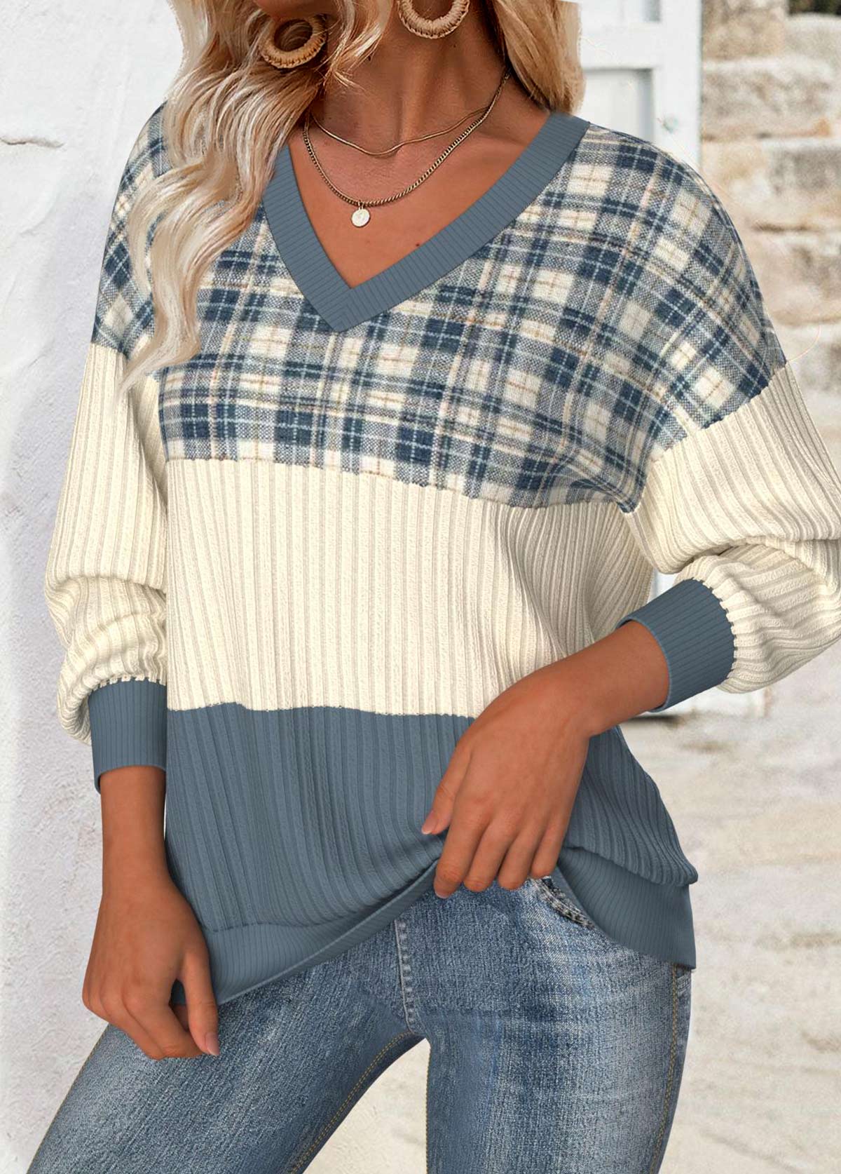 Multi Color Tummy Coverage Plaid Long Sleeve Sweatshirt | picture 
