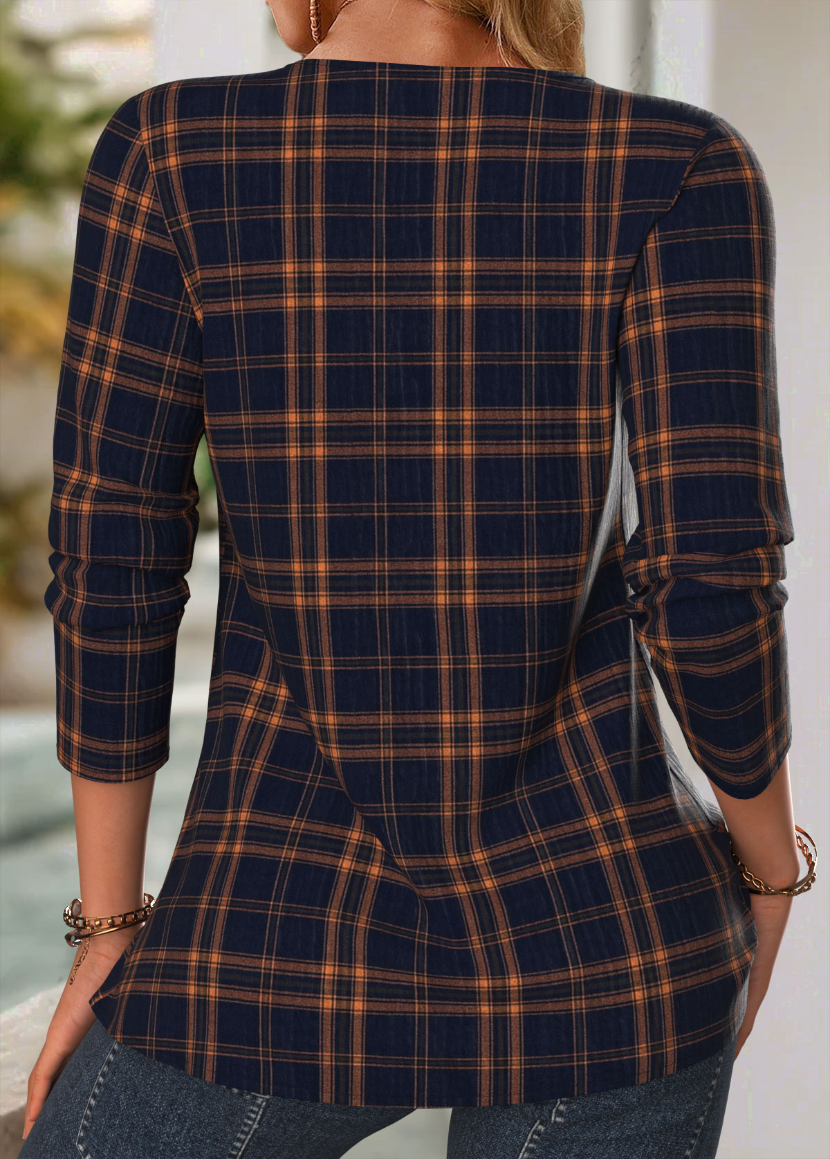 Navy Tuck Stitch Plaid Long Sleeve Split Neck Blouse | picture 