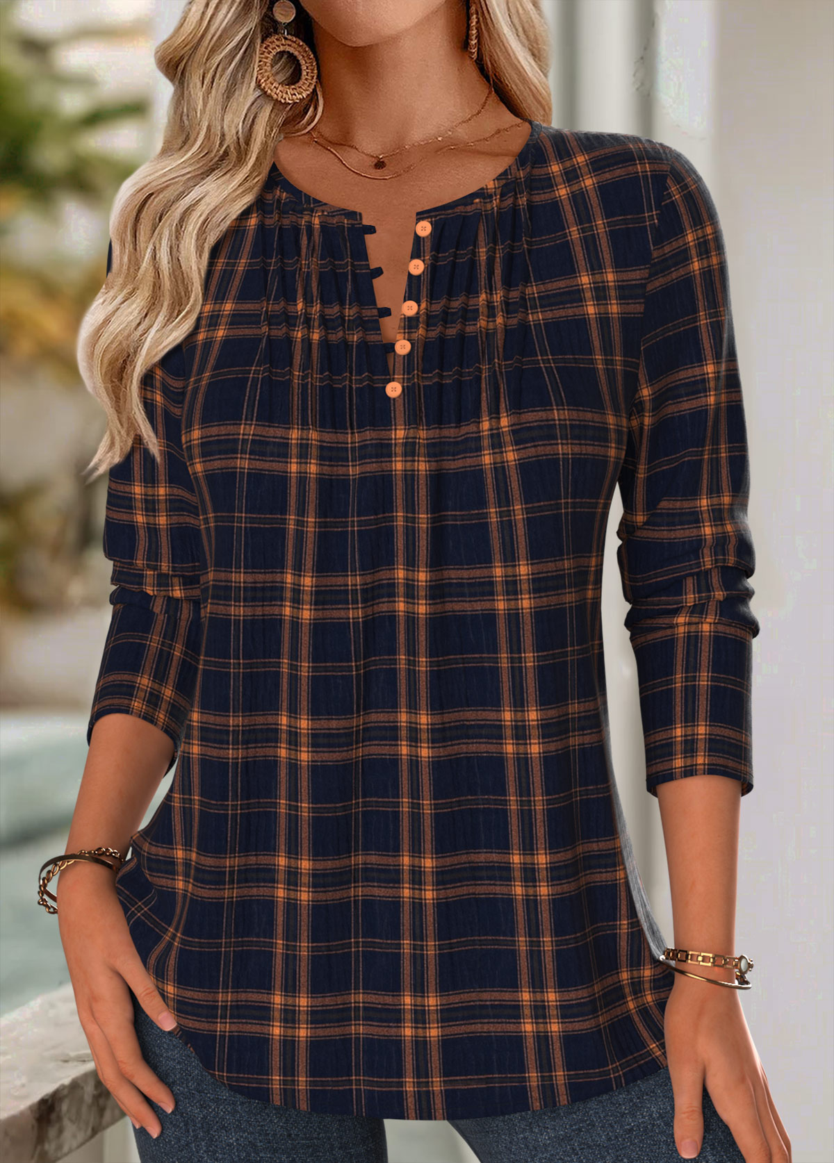 Navy Tuck Stitch Plaid Long Sleeve Split Neck Blouse | picture 