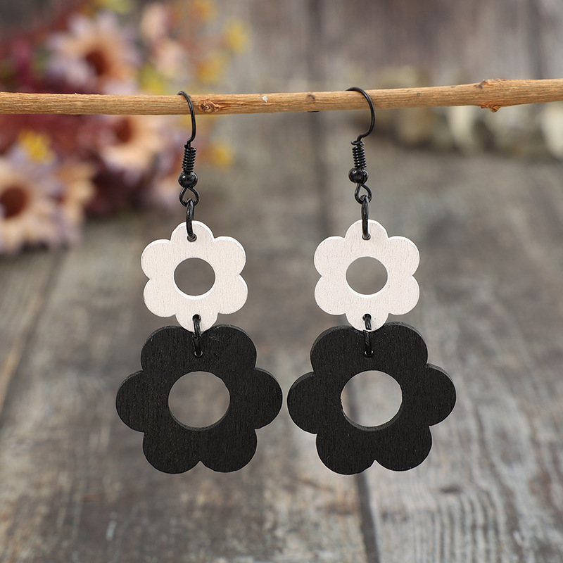 Black Hollow Wood Floral Design Earrings | picture 