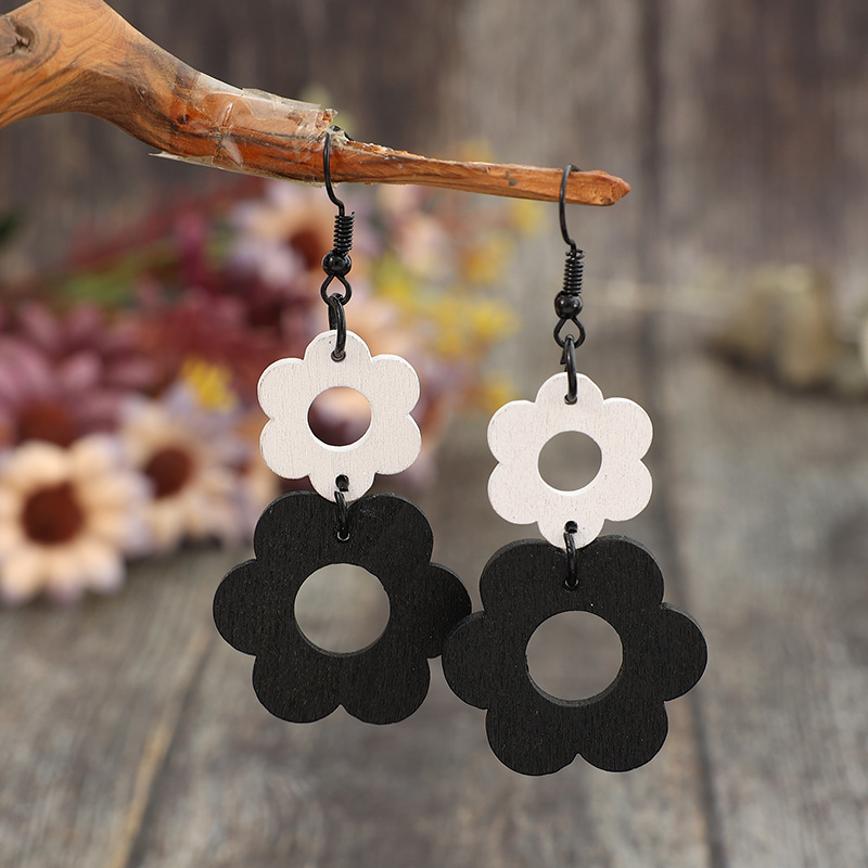 Black Hollow Wood Floral Design Earrings | picture 
