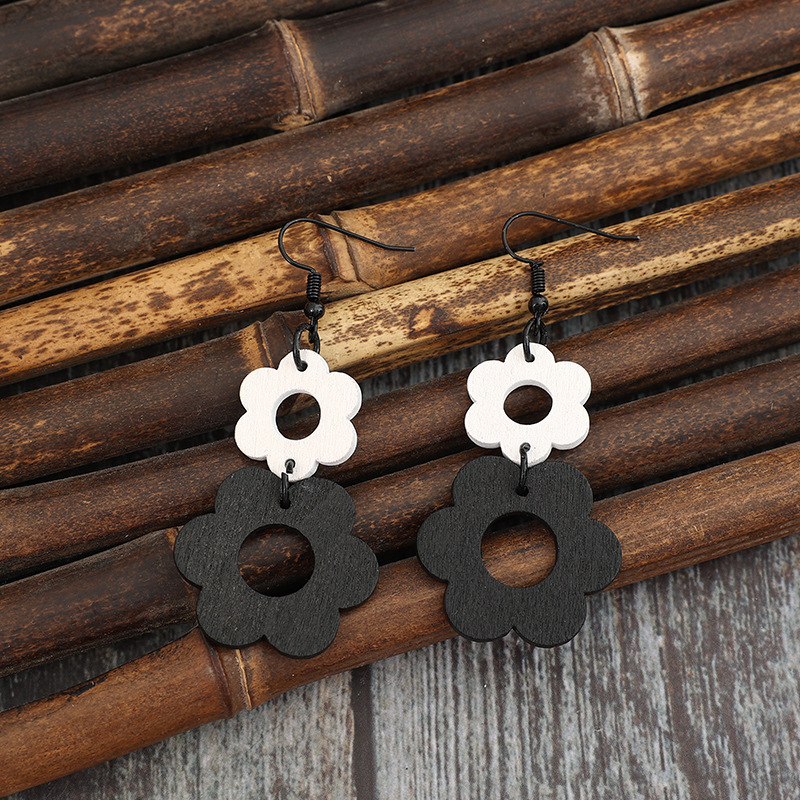 Black Hollow Wood Floral Design Earrings | picture 
