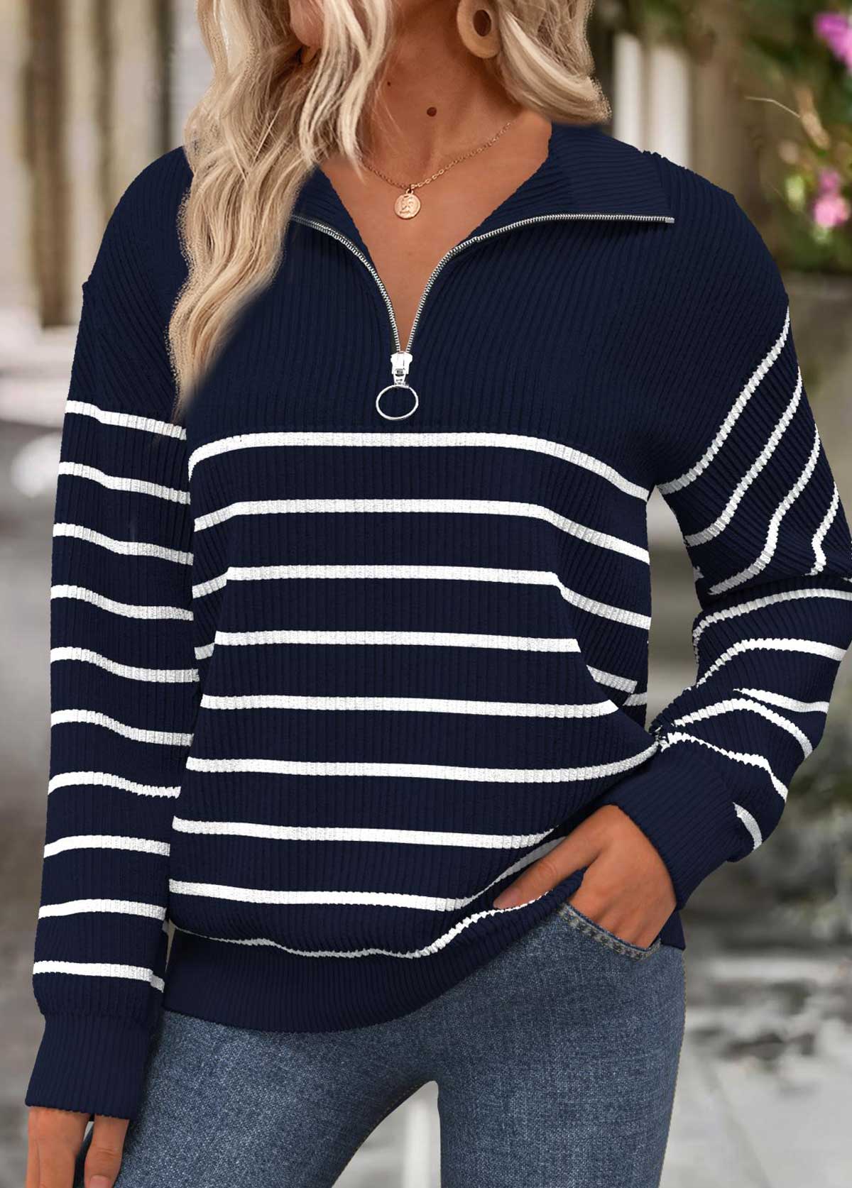 Navy Tummy Coverage Striped Long Sleeve Sweatshirt | picture 