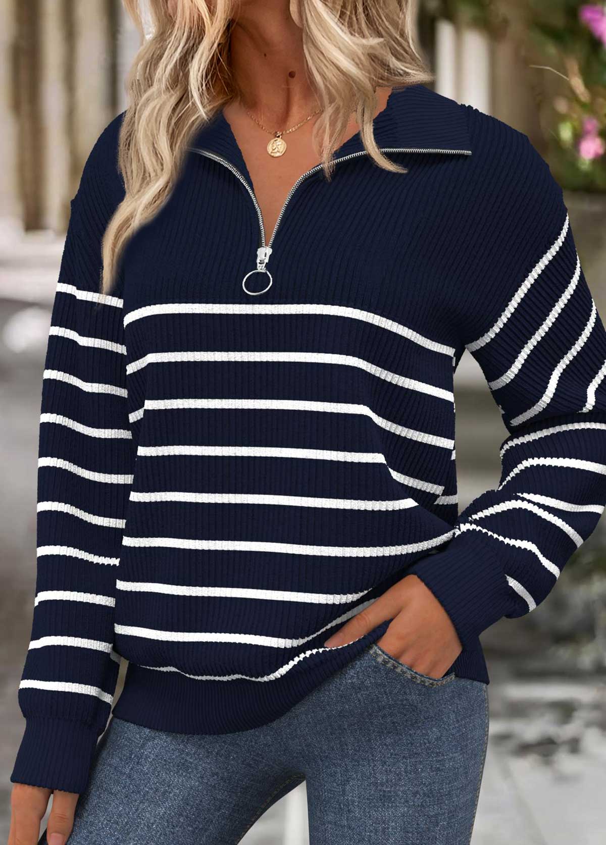 Navy Tummy Coverage Striped Long Sleeve Sweatshirt | picture 
