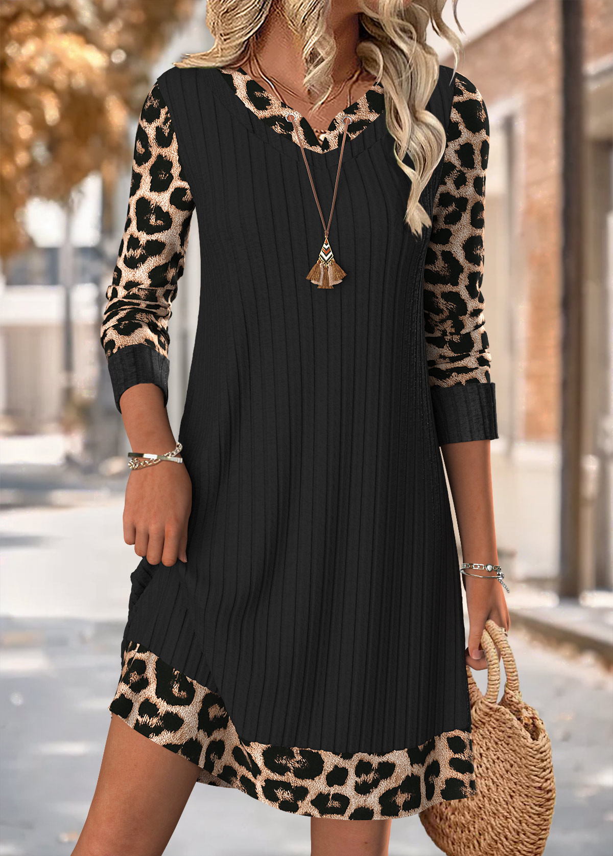 Black Tummy Coverage Leopard Short Long Sleeve Dress | picture 