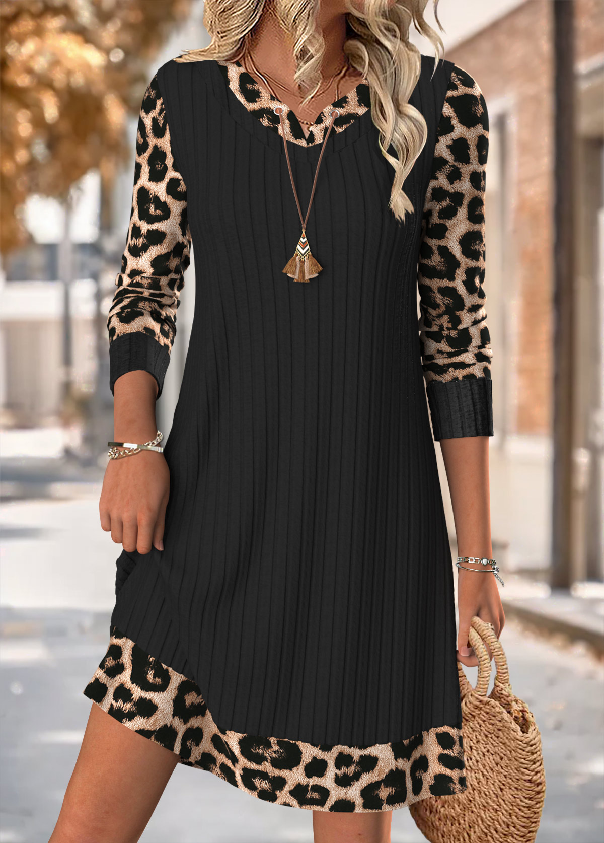 Black Tummy Coverage Leopard Short Long Sleeve Dress | picture 