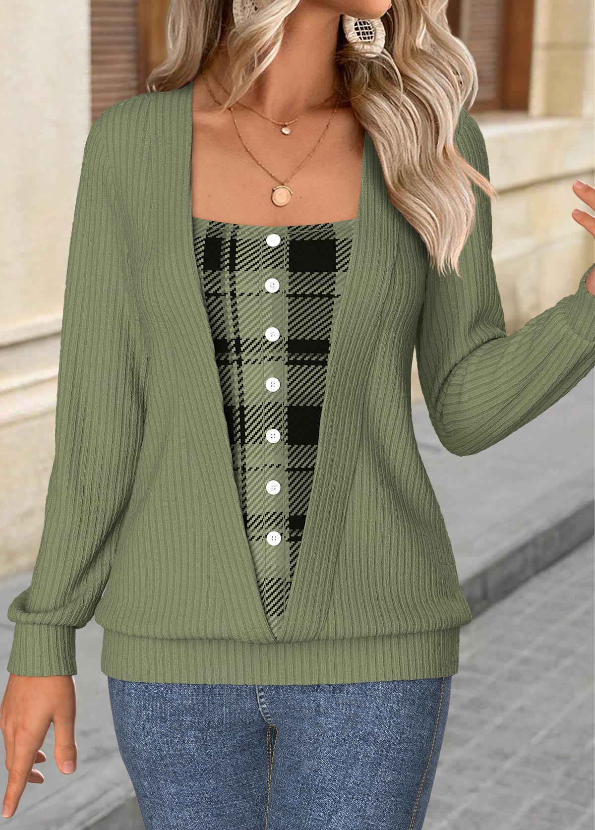 Sage Green Tummy Coverage Plaid Long Sleeve T Shirt | picture 