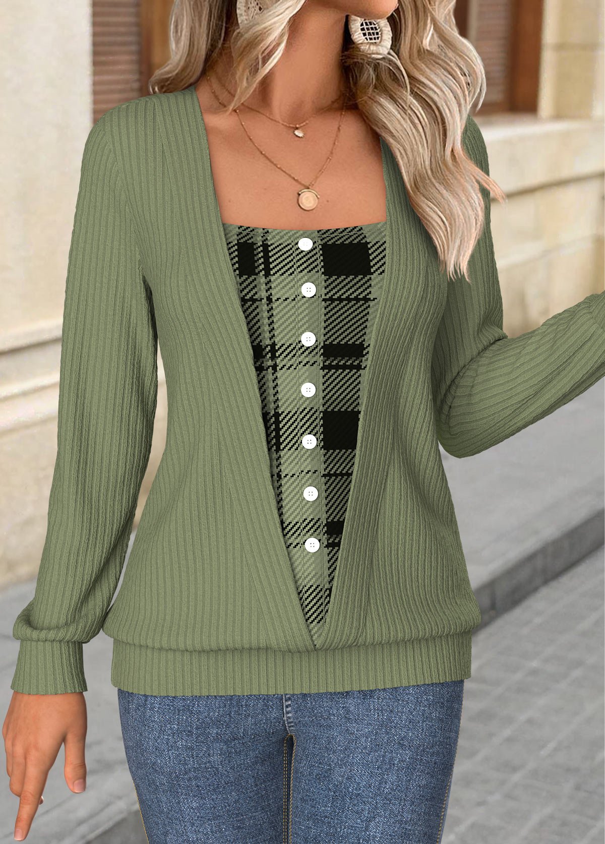 Sage Green Tummy Coverage Plaid Long Sleeve T Shirt | picture 