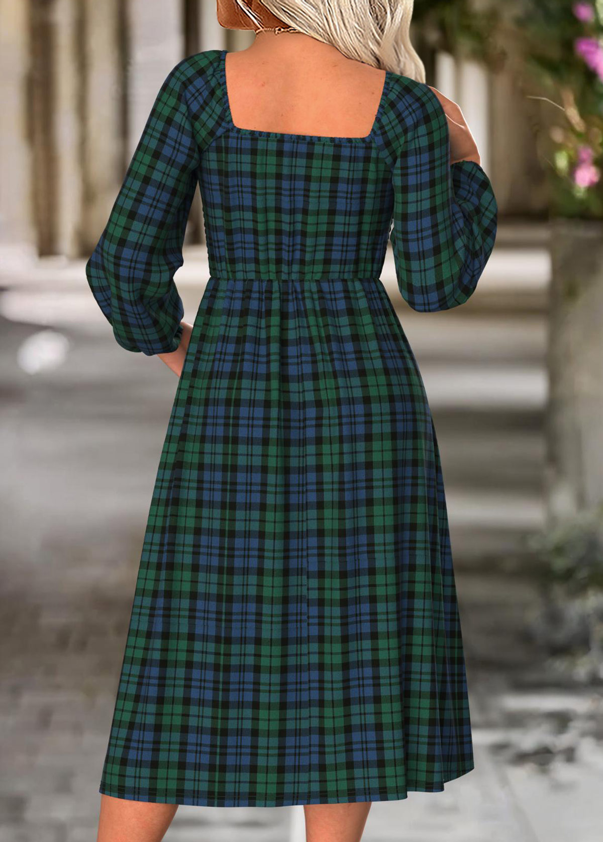 Green Tummy Coverage Plaid Long Sleeve Square Neck Dress | picture 