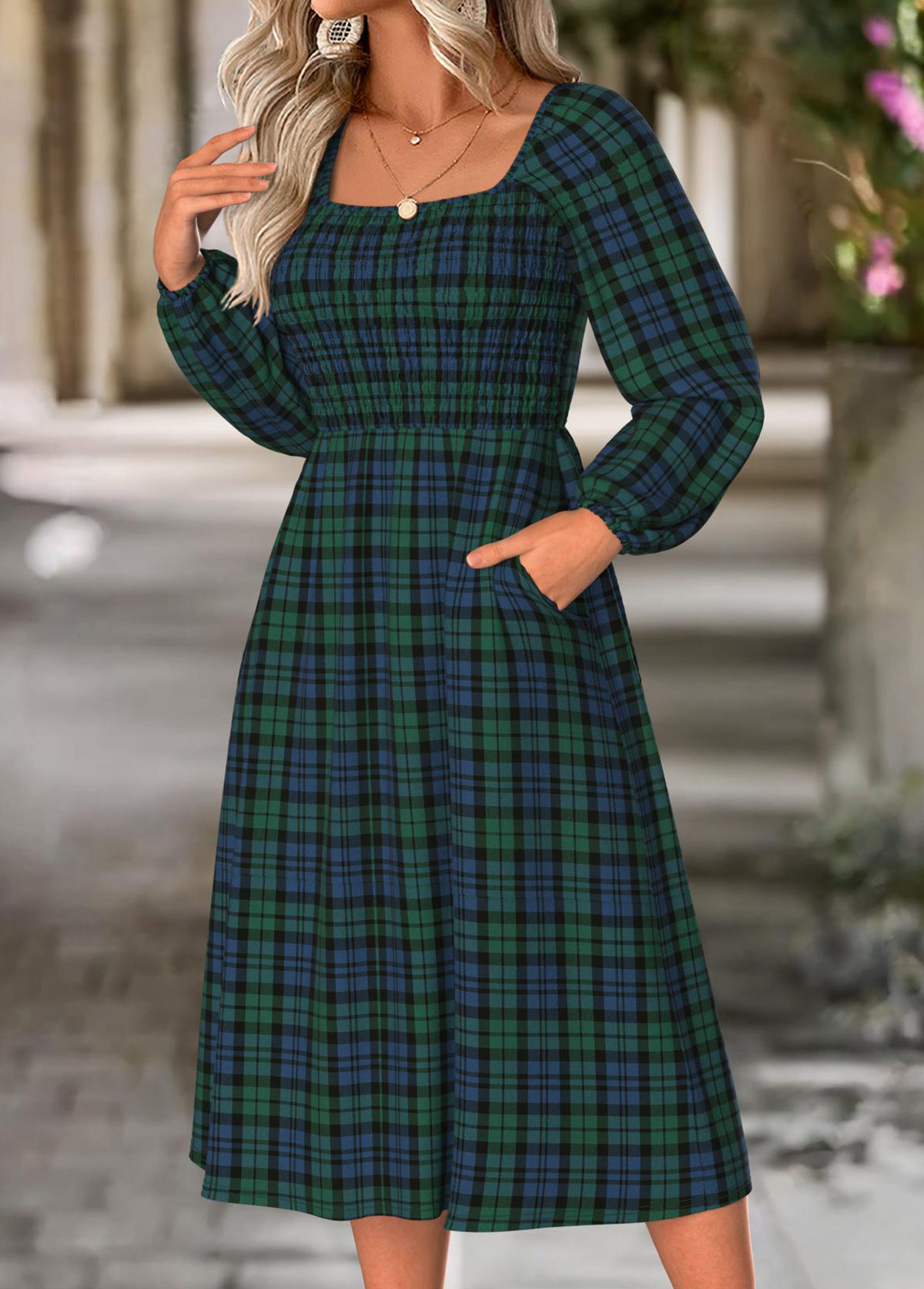 Green Tummy Coverage Plaid Long Sleeve Square Neck Dress | picture 