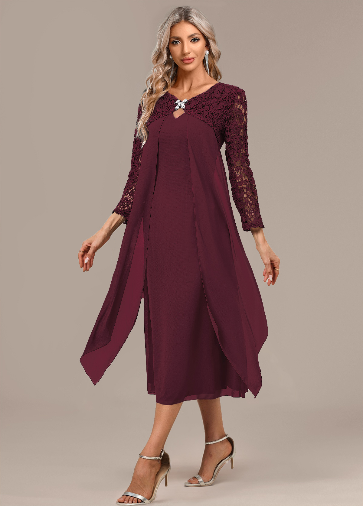 Wine Red A Line 3/4 Sleeve Round Neck Dress | picture 
