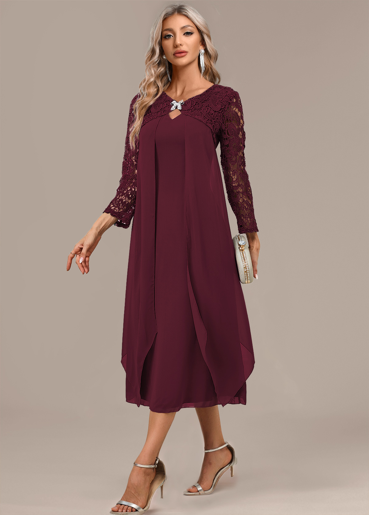 Wine Red A Line 3/4 Sleeve Round Neck Dress | picture 