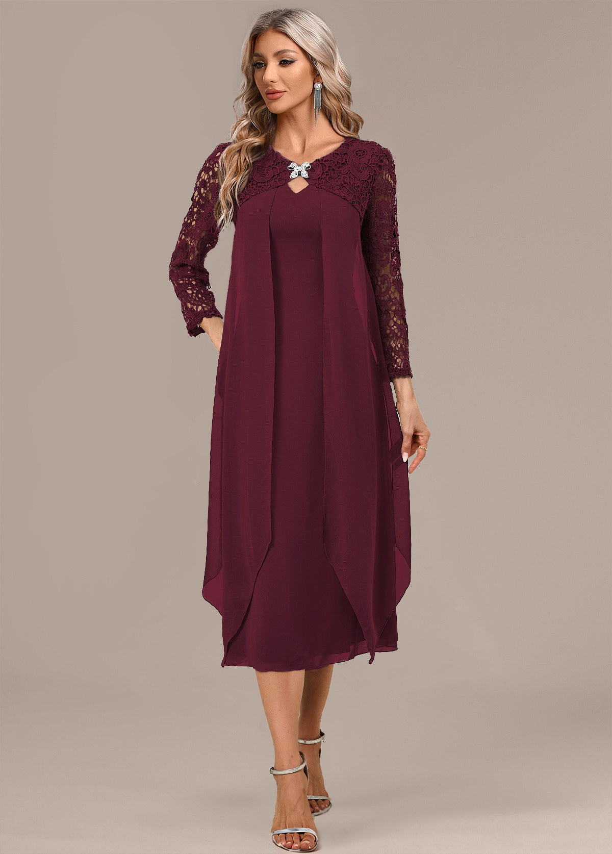 Wine Red A Line 3/4 Sleeve Round Neck Dress | picture 