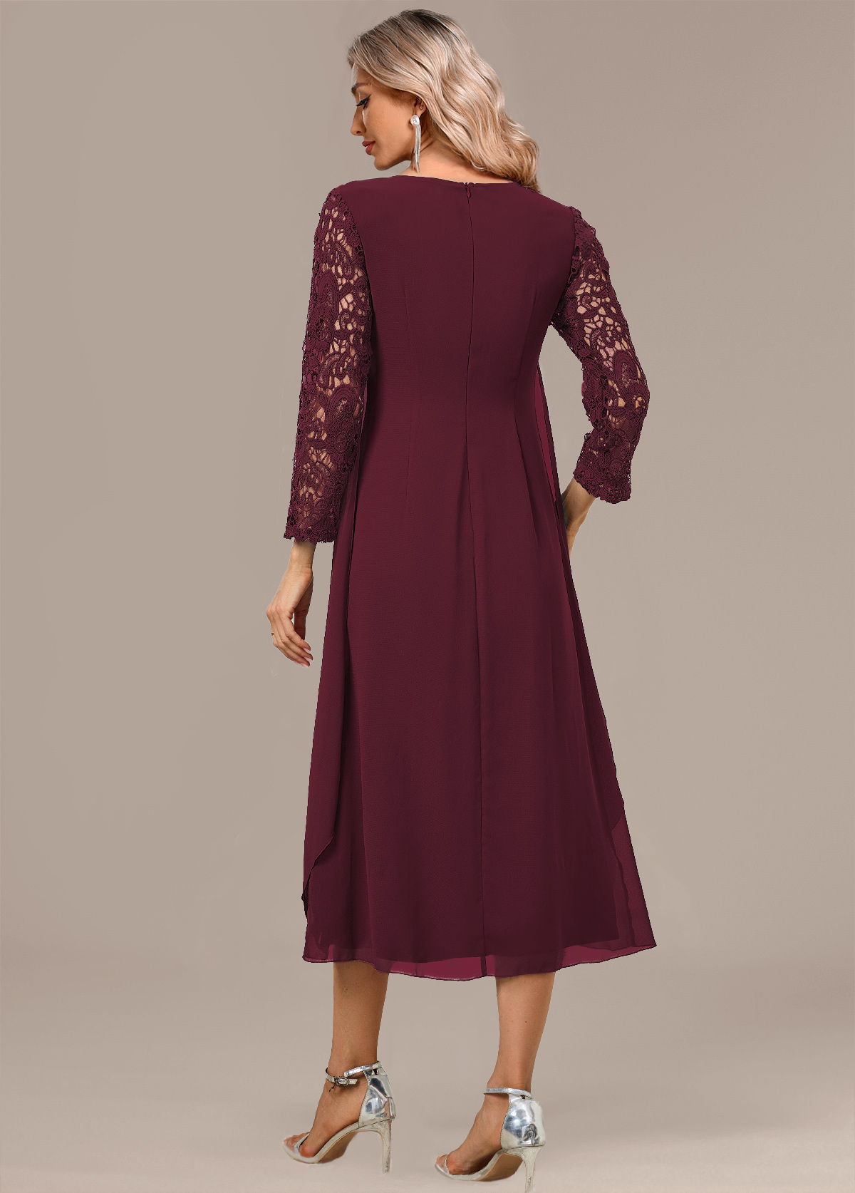Wine Red A Line 3/4 Sleeve Round Neck Dress | picture 