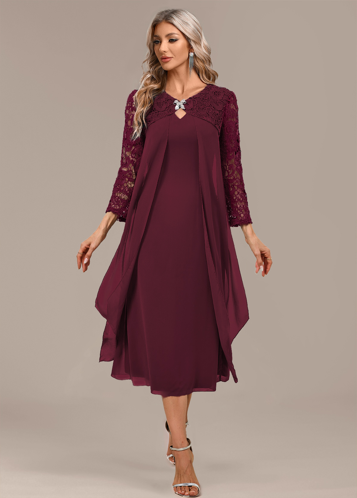 Wine Red A Line 3/4 Sleeve Round Neck Dress | picture 