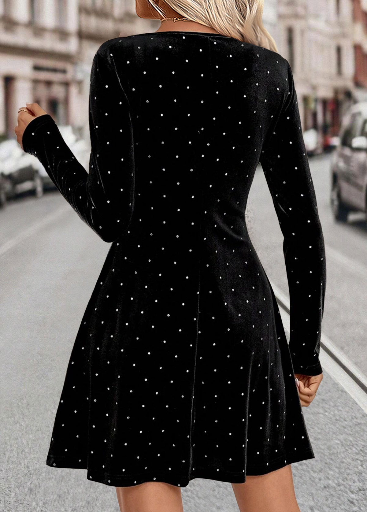 Black Tummy Coverage Short Long Sleeve Boat Neck Dress | picture 