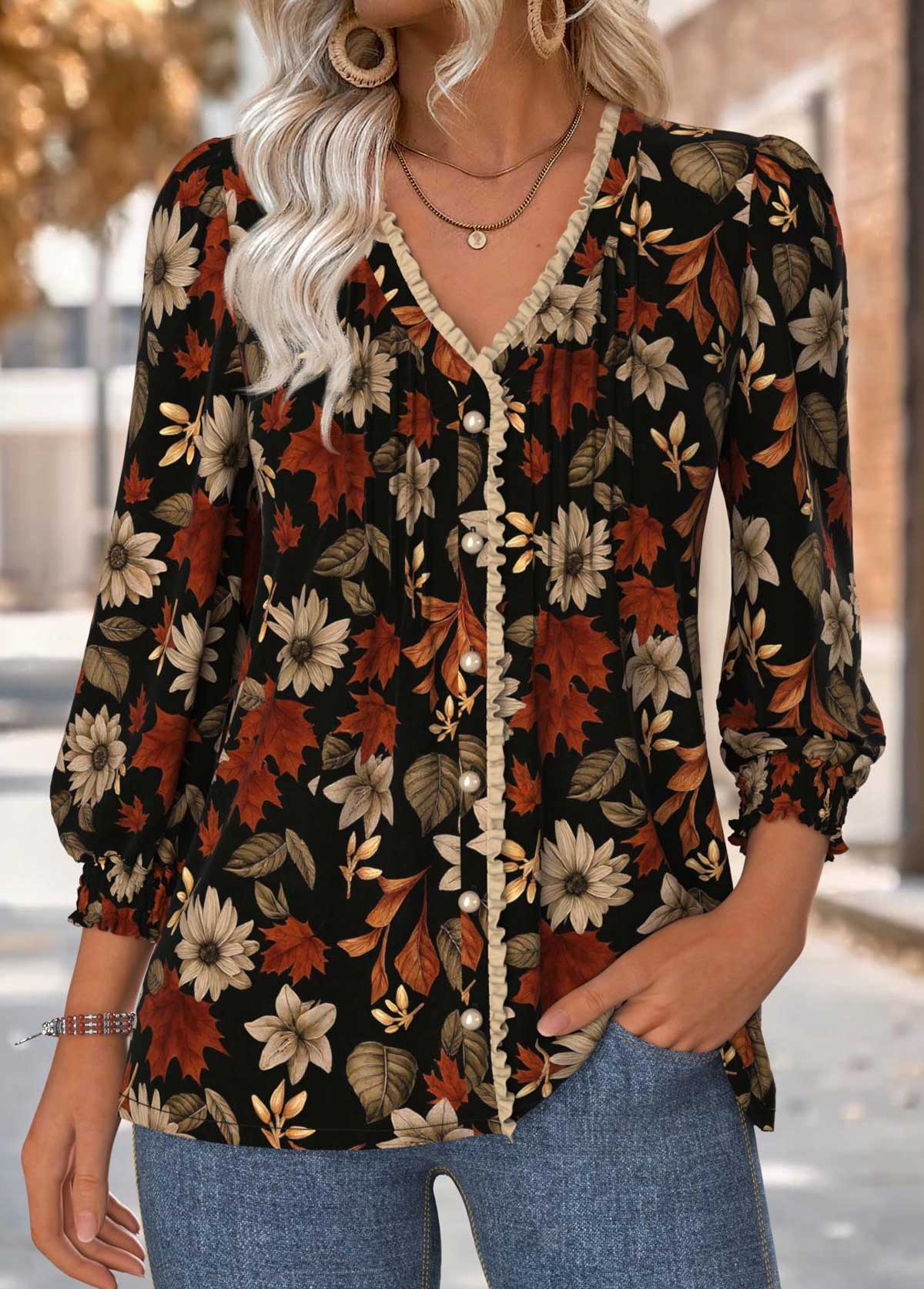 Black Tummy Coverage Floral Print Long Sleeve Blouse | picture 