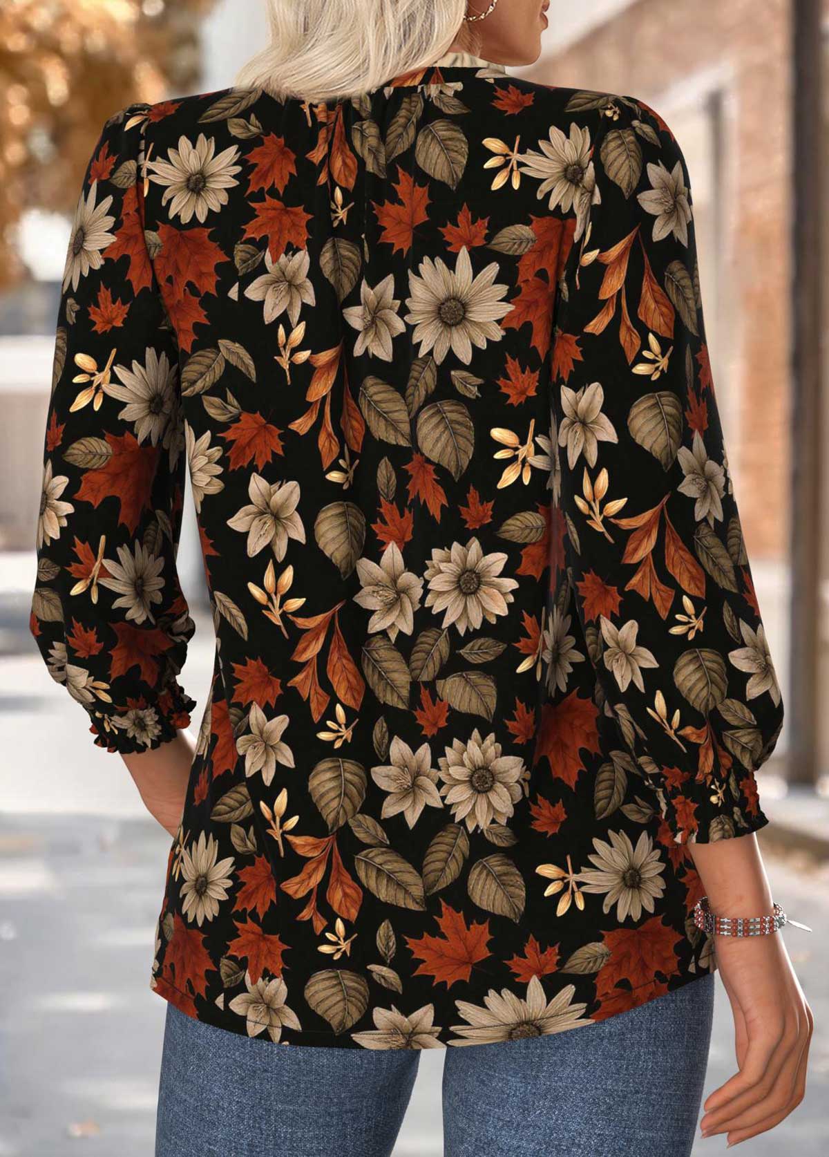 Black Tummy Coverage Floral Print Long Sleeve Blouse | picture 