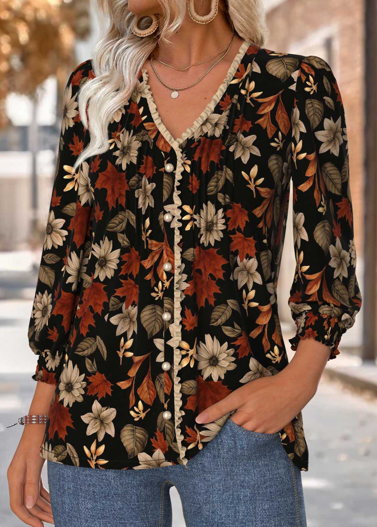 Black Tummy Coverage Floral Print Long Sleeve Blouse | picture 