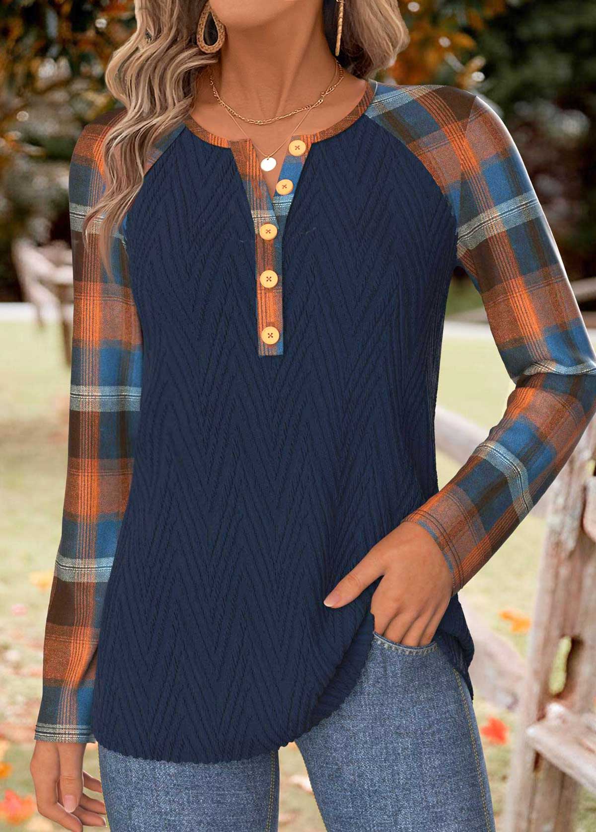 Navy Tummy Coverage Plaid Long Sleeve T Shirt | picture 