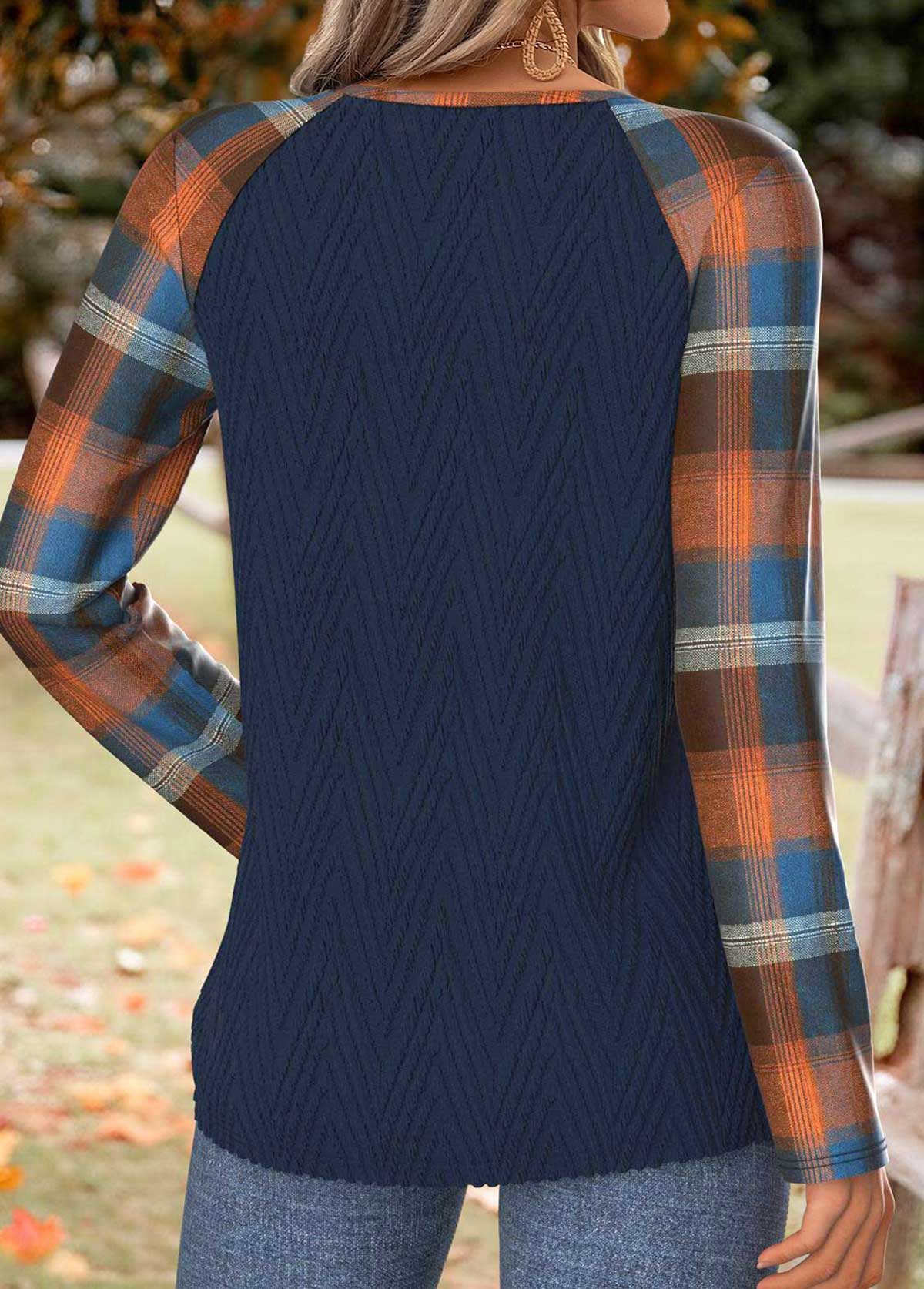 Navy Tummy Coverage Plaid Long Sleeve T Shirt | picture 