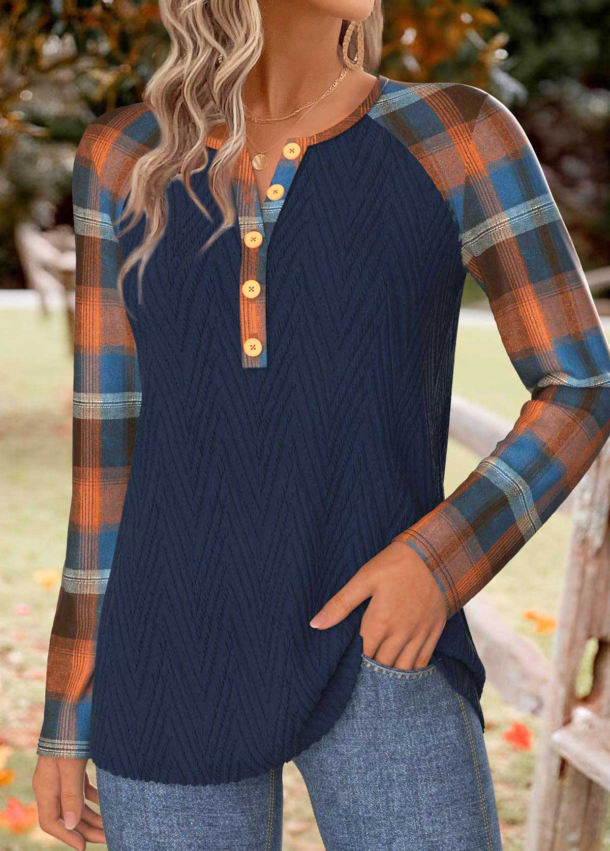 Navy Tummy Coverage Plaid Long Sleeve T Shirt | picture 