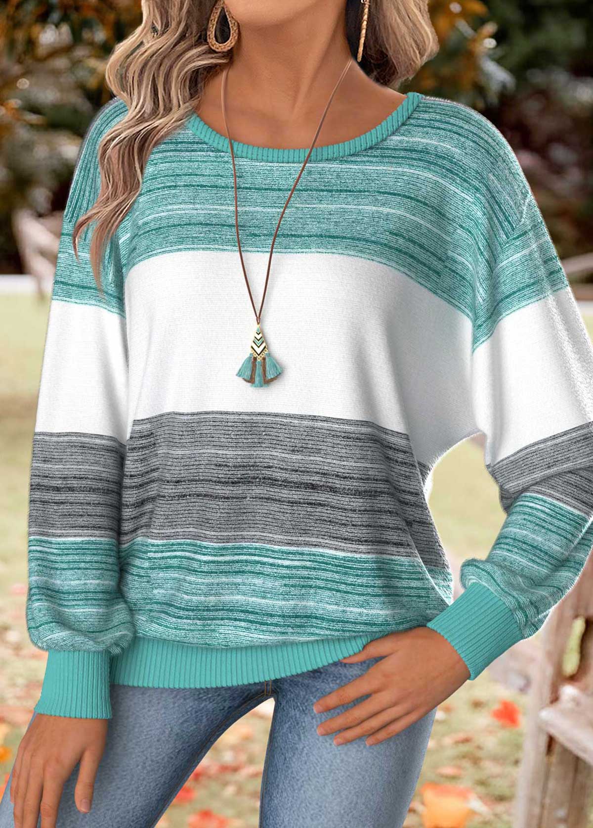 Mint Green Tummy Coverage Striped Long Sleeve T Shirt | picture 