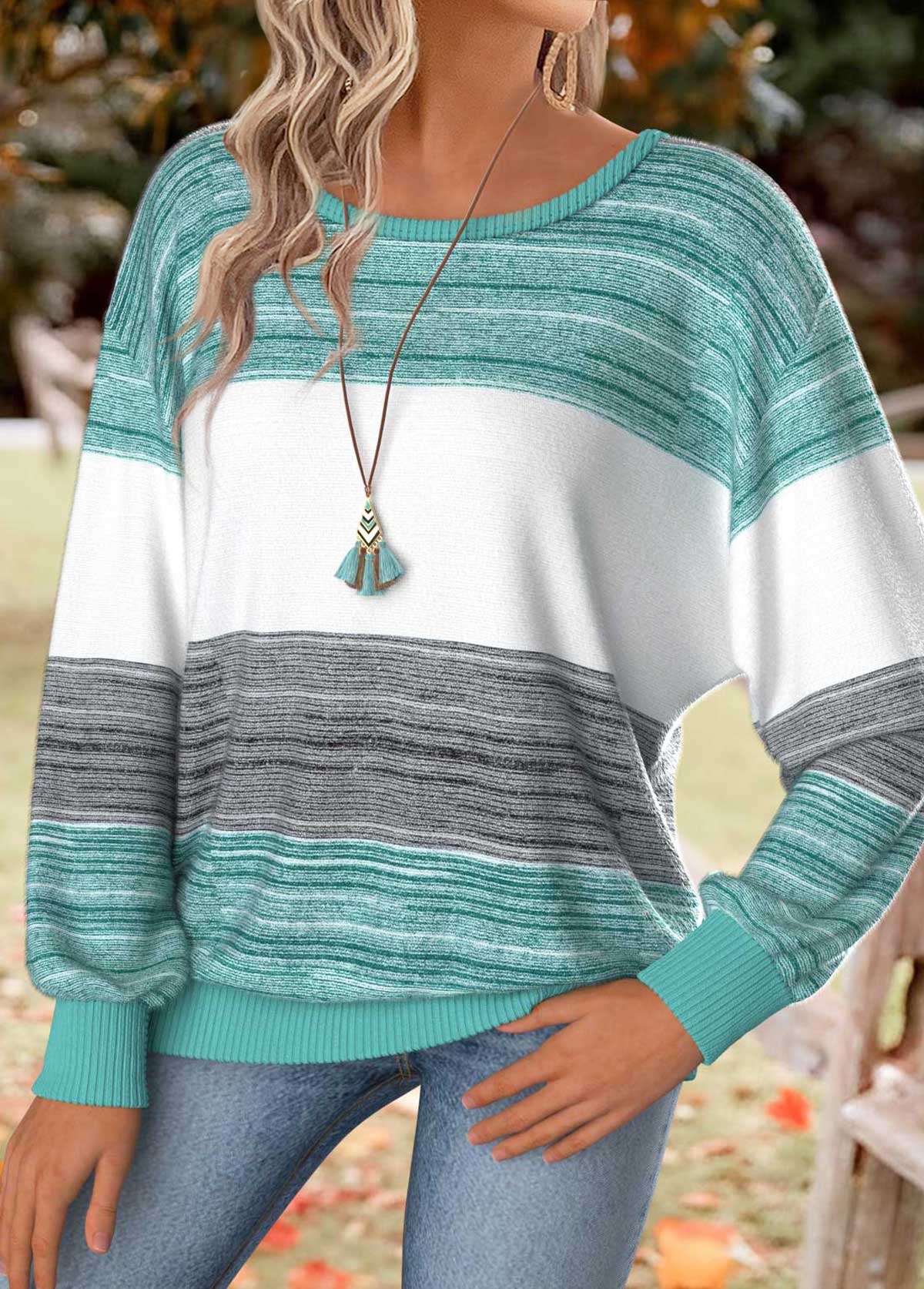 Mint Green Tummy Coverage Striped Long Sleeve T Shirt | picture 