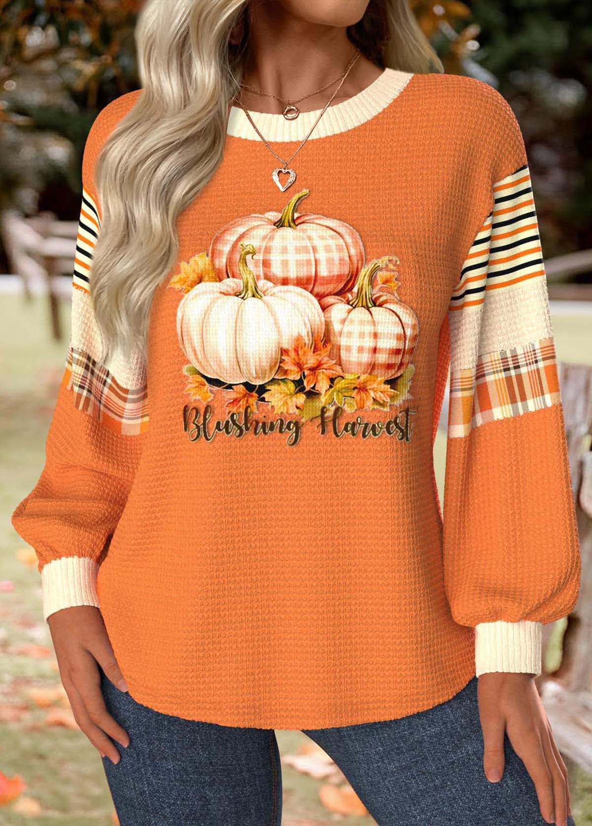 Halloween Neon Orange Tummy Coverage Pumpkin Print Sweatshirt | picture 
